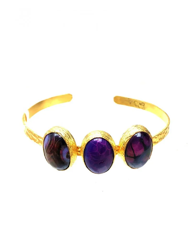 PULSERAS MUJER DORADAS Y PIEDRAS NATURALES MORADAS  BISUTERIA DE FIESTA PARA BODAS